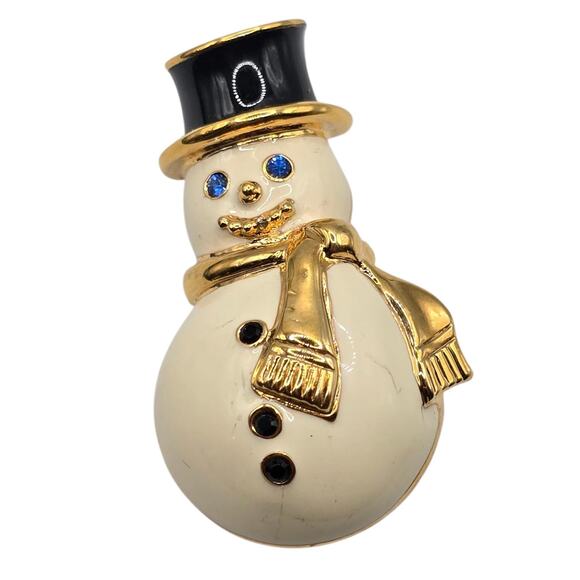 Monet Snowman Brooch Pin Gold Tone Enamel Scarf Blue Eyes Holiday Jewelry Gift - Picture 11 of 11